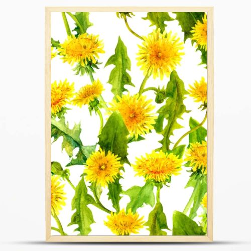 Dandelions seamless pattern. Spring yellow flowers. Watercolor floral repeated background