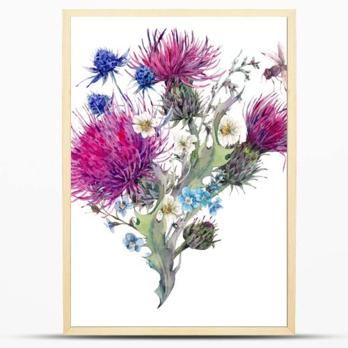 Summer watercolor greeting card with wild flowers, thistles, dan