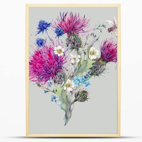 Summer watercolor natural bouquet with wild flowers