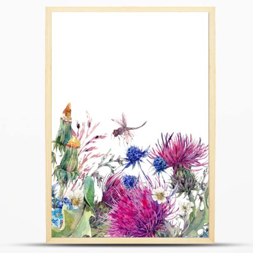 Summer watercolor seamless floral border with wild flowers