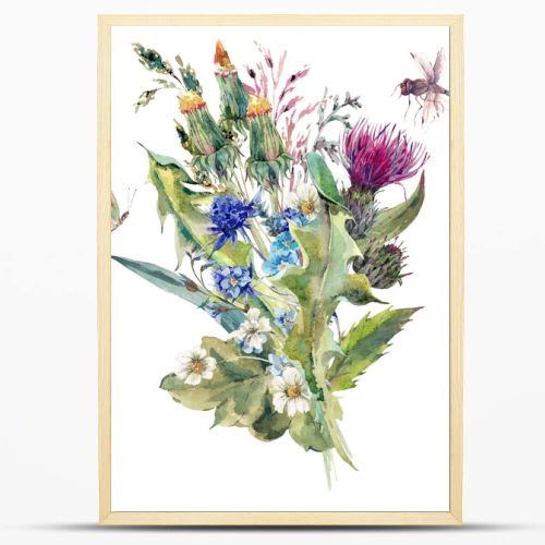 Summer watercolor greeting card with wild flowers, thistles, dan