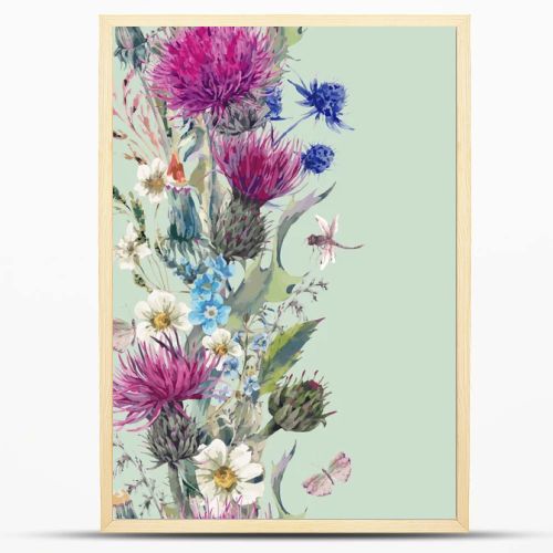 Vintage vertical herbal seamless border with Blooming Meadow Flo