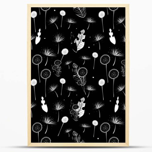 Seamless patterns. Dandelions, seeds and leaves on a black background. Contrast endless illustration.