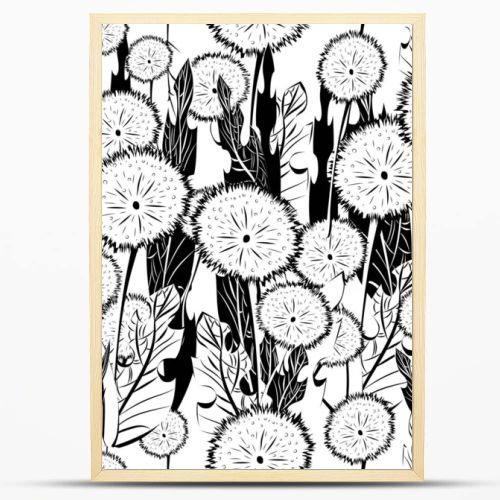 Seamless patterns. Fluffy large dandelions and leaves on a white background. Contrast endless illustration.