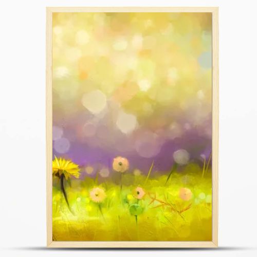 Oil painting nature grass flowers- yellow dandelions