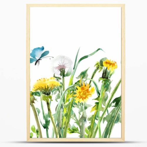 Dandelions. Yellow flowers with butterflies.