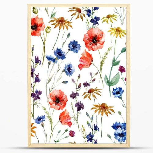 Watercolor poppy, cornflower, daisy wild flowers background