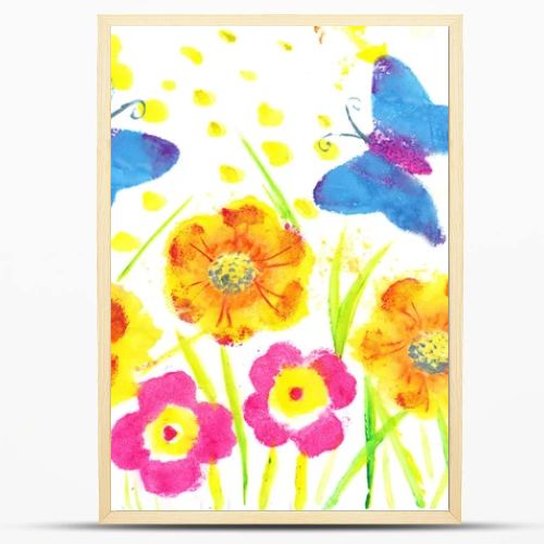 This artwork butterfly batik. Child drawing watercolor flowers, 