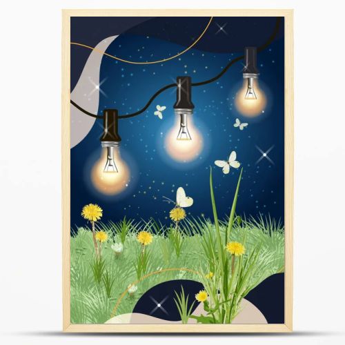 Print, light bulbs, garland, beautiful cover, summer, dandelions, shine, starry sky, butterflies, summer time