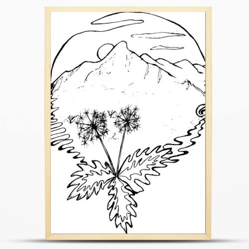 Black and white drawing of mountains, sun, clouds, dandelions in the foreground, in the style of a tattoo