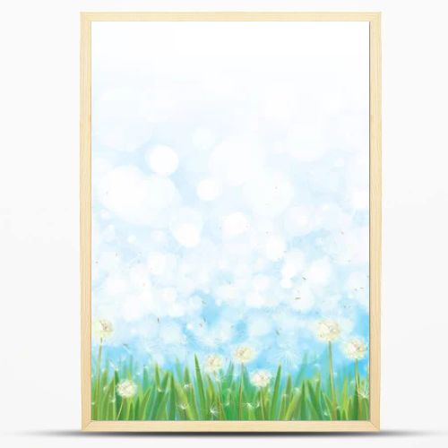 Dandelions field on blue sky  bokeh background.