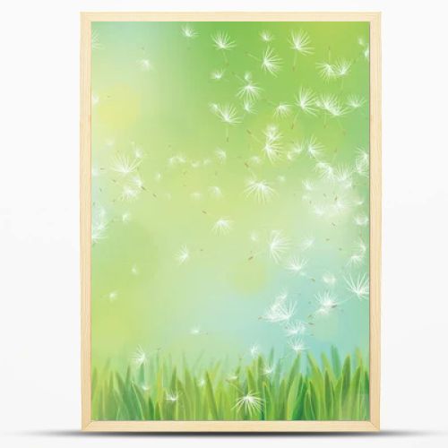 Vector illustration of dandelions in green grass on bokeh background.