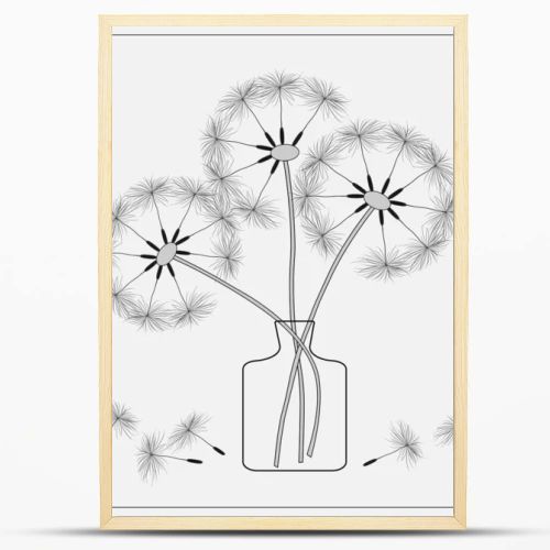 dandelions in a vase, vector image black and white