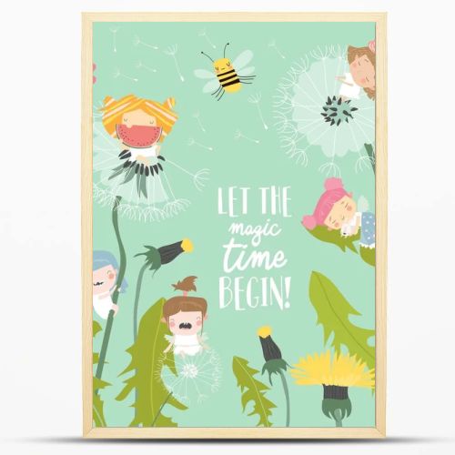 Cute little cartoon fairies flying above dandelions