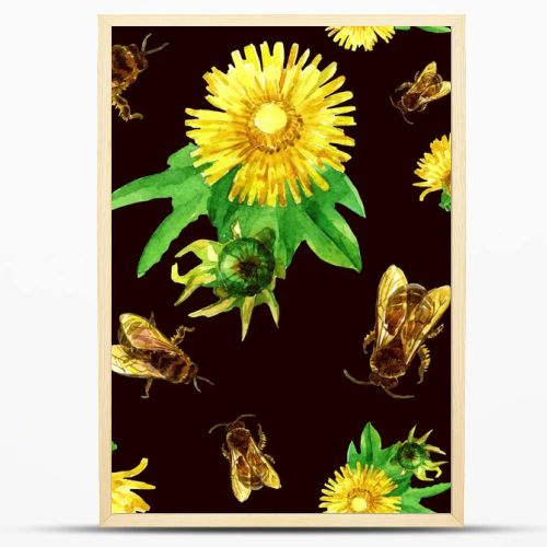 Seamless pattern of dandelions and bees in watercolor.