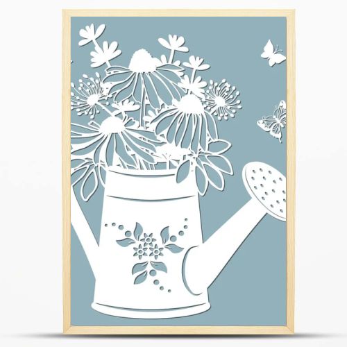 Echinacea, dandelions with Scheffler in a jar of water. watering can. Vector illustration. Paper flower, stickers. Laser cut. Template for Plotter. Pattern for the laser cut, serigraphy, plotter and screen printing