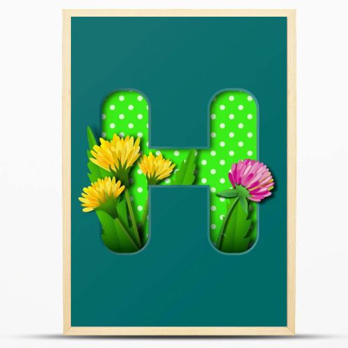 Letter H with paper summer wildflowers dandelions and clover. Style of paper craft. Vector illustration.Decoration origami element for birthday or greeting design