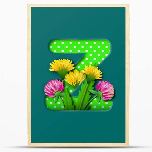 Letter Z with paper summer wildflowers dandelions and clover. Style of paper craft. Vector illustration.Decoration origami element for birthday or greeting design