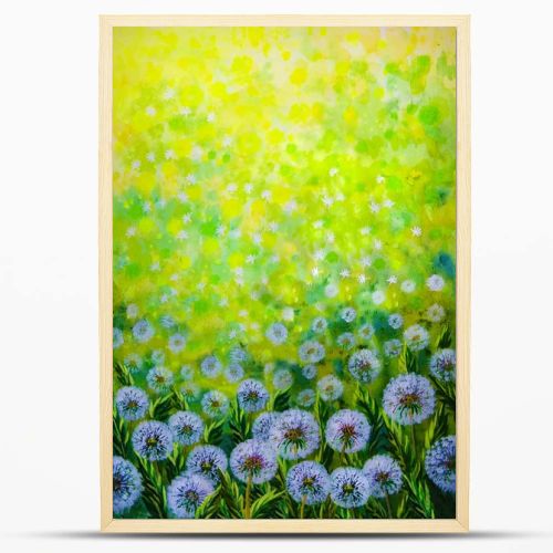 Background , watercolor drawing - a field with dandelions illuminated by the sun 