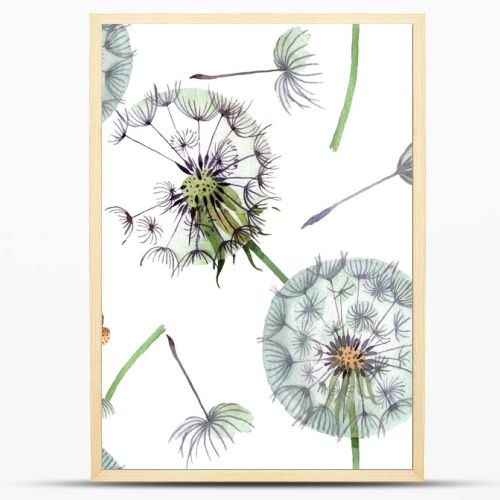 Dandelion blowball with seeds. Watercolor background illustration set. Watercolour drawing fashion aquarelle isolated. Seamless background pattern. Fabric wallpaper print texture.