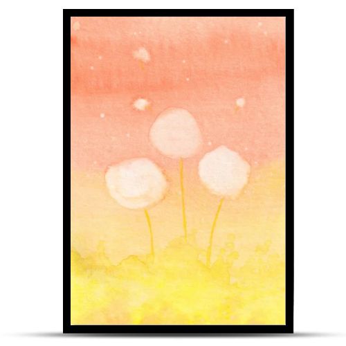 Watercolor Abstract Dandelions In The Rays Of The Sun Against The Orange Sky