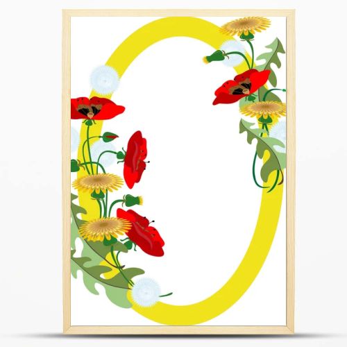 Frame with a bouquet of poppies and dandelions. Postcard.