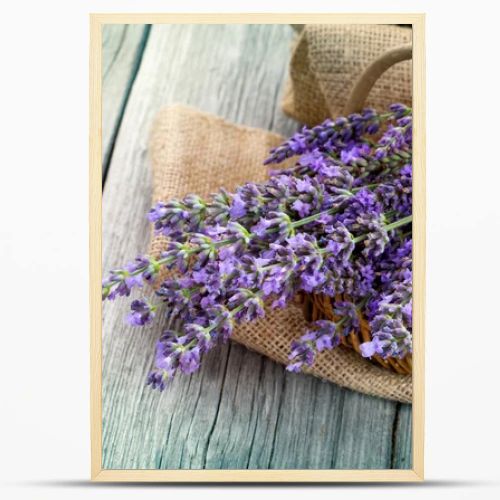 lavender flowers in a basket with burlap on the wooden backgroun