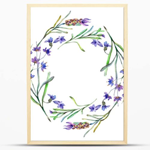 Purple lavender flowers. Spring wildflowers. Watercolor background illustration. Wreath frame border.