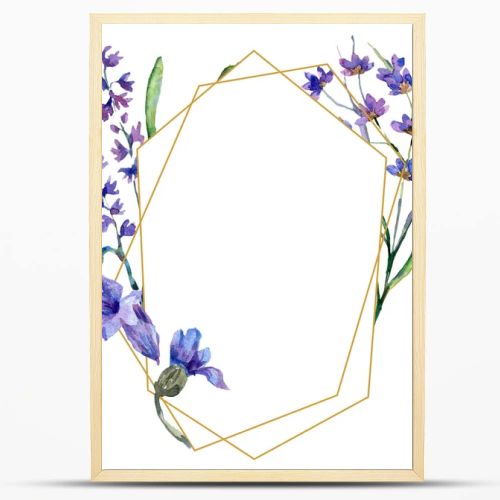 Purple lavender flowers. Watercolor background illustration. Frame border ornament. Gold crystal stone polyhedron mosaic shape amethyst gem.