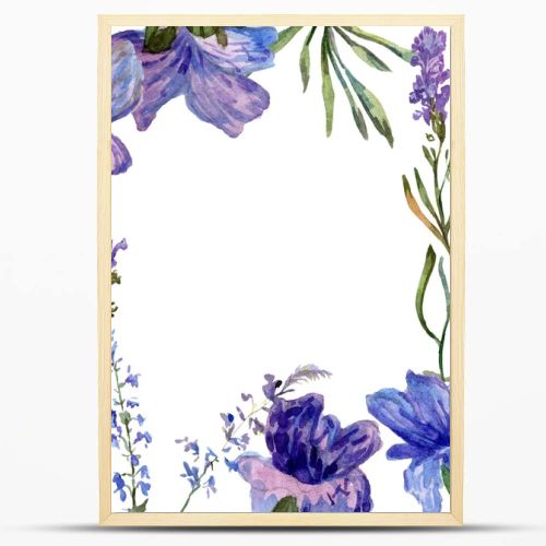 Purple lavender flowers. Wild spring flowers. Watercolor background illustration. Frame border square.