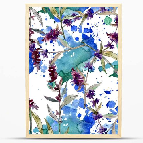 Purple lavender floral botanical flowers. Wild spring leaf wildflower. Watercolor illustration set. Watercolour drawing fashion aquarelle. Seamless background pattern. Fabric wallpaper print texture.