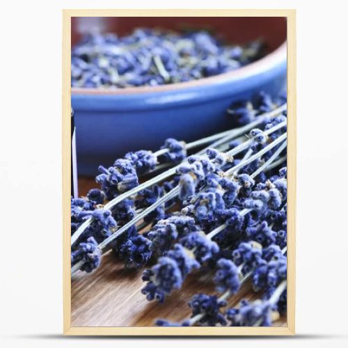 Dried lavender herb and essential aromatherapy oil