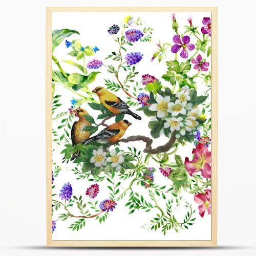 Tropical birds with on blooming tree