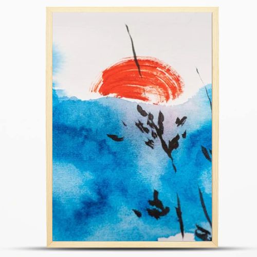 Japanese painting with blue sky, branches and sun on white