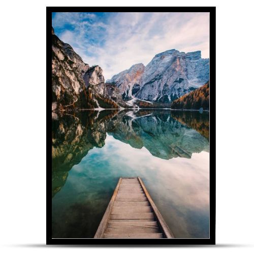 Amazing view of Lago di Braies (Pragser Wildsee), most beautiful lake in South Tirol, Dolomites mountains, Italy. Popular tourist attraction. Beautiful Europe.