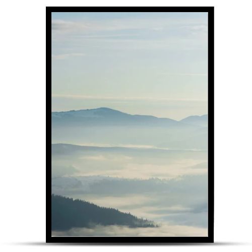 scenic view of snowy mountains with pine trees in white fluffy clouds