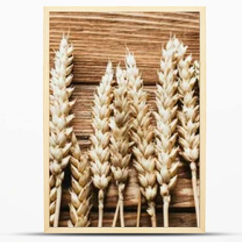 top view of wheat ears on wooden background, panoramic shot