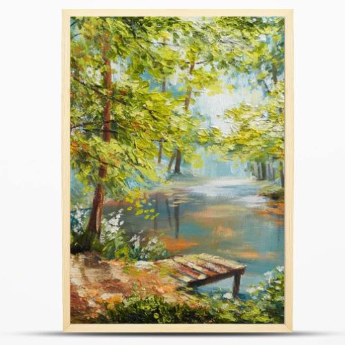 Oil painting landscape - autumn forest near the river, orange leaves