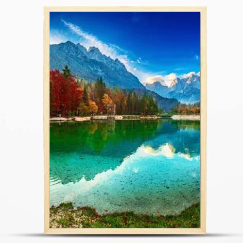 Jasna lake with beautiful reflections of the mountains. Triglav National Park, Slovenia. Panoramic view