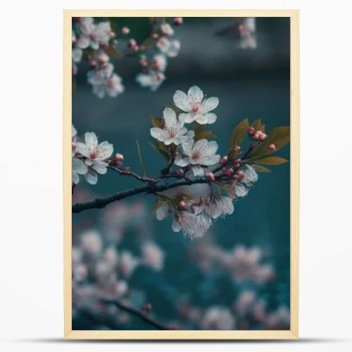 A closeup shot of blooming cherry blossom branches on a blue background