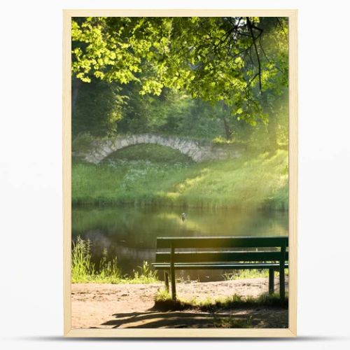 a bench in the park at sunset 