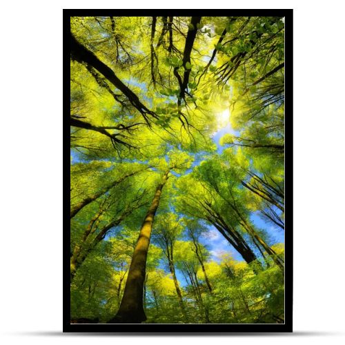 Majestic super wide angle upwards view to the canopy in a beech forest with fresh green foliage, sun rays and clear blue sky