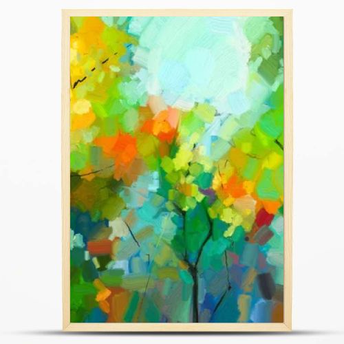 Abstract colorful oil painting landscape on canvas. Semi- abstract of tree in forest. Green and red leaves with blue sky.