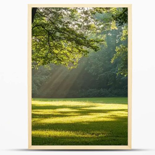 serene forest scene with sunlight filtering through trees, creating peaceful atmosphere.