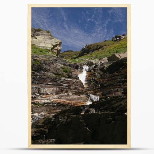 beautiful waterfall on scenic rocks in Indian Himalayas, Rohtang Pass 