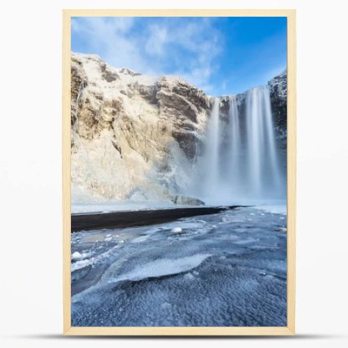 Beautiful Skogafoss waterfall in winter. Iceland.