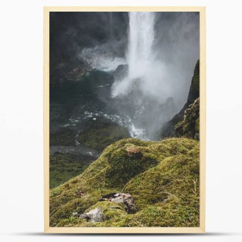 aerial view of Haifoss waterfall with green cliff on foreground, Iceland