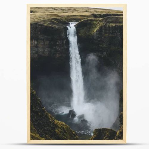 aerial view of icelandic landscape with beautiful Haifoss waterfall