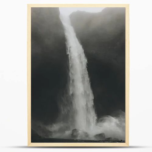 bottom view of Haifoss waterfall with mist around, Iceland