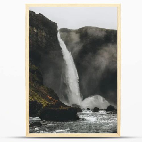 scenic shot of Haifoss waterfall with mist around, Iceland